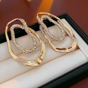 Alexis Bittar Look Crystal Hoop Drop Earrings Irregular Shape Gold Pave